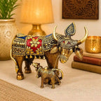 Brass Dhokra Kamdhenu Cow with Calf Statue (6.5 Inch) Vedansh Craft