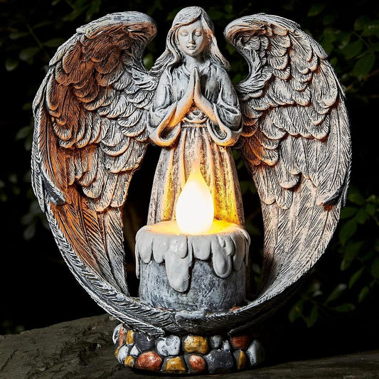 Resin Praying Wings Angel Figurines Solar Garden Statues Outdoor Sculptures For Cemetery Decorations