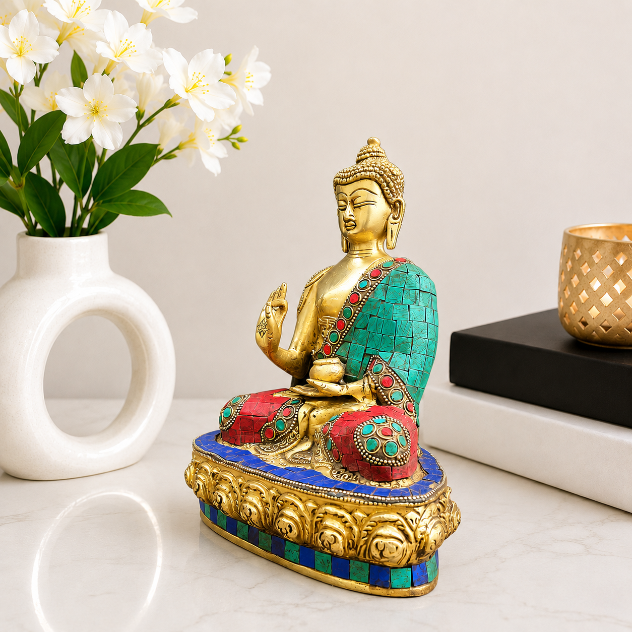 Brass Stone Work Blessing Sitting Buddha Statue Vedansh Craft
