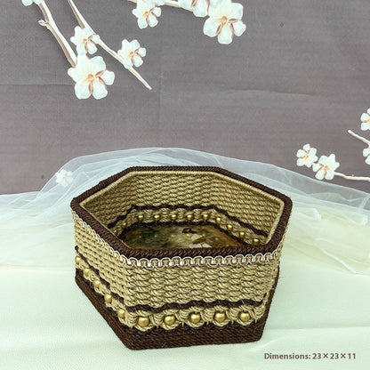 Hexagonal Storage Box Made Entirely Of Handmade Hemp Rope