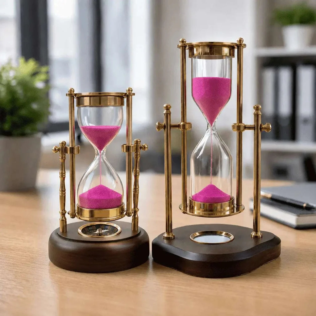 Brass Rotating Sand Clock With Compass And Wooden Stand Vedansh Craft