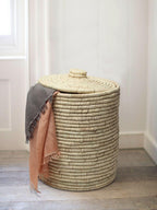 Natural Dry-Grass Round Laundry Basket With Lid
