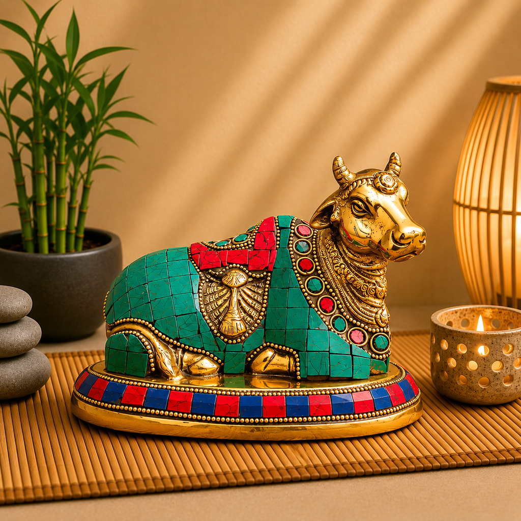Brass Stone Work Sitting Nandi Idol (4.5 Inch) Vedansh Craft