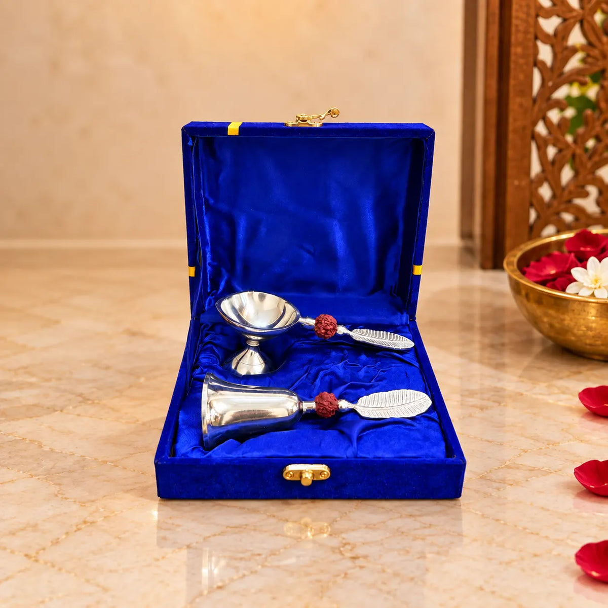 Brass Silver Plated Rudraksh Handbell and Aarti Diya Set With Velvet box Vedansh Craft