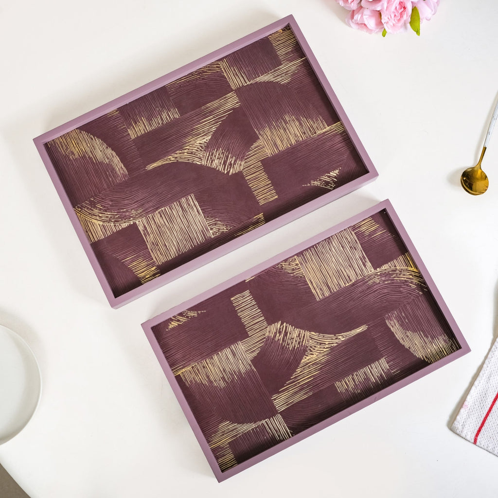 Modern Abstract Art Tray Set Of 2 Purple Matte Gold Nestasia