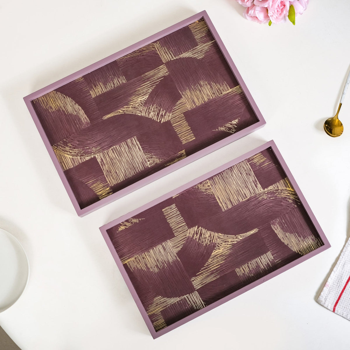 Modern Abstract Art Tray Set Of 2 Purple Matte Gold Nestasia