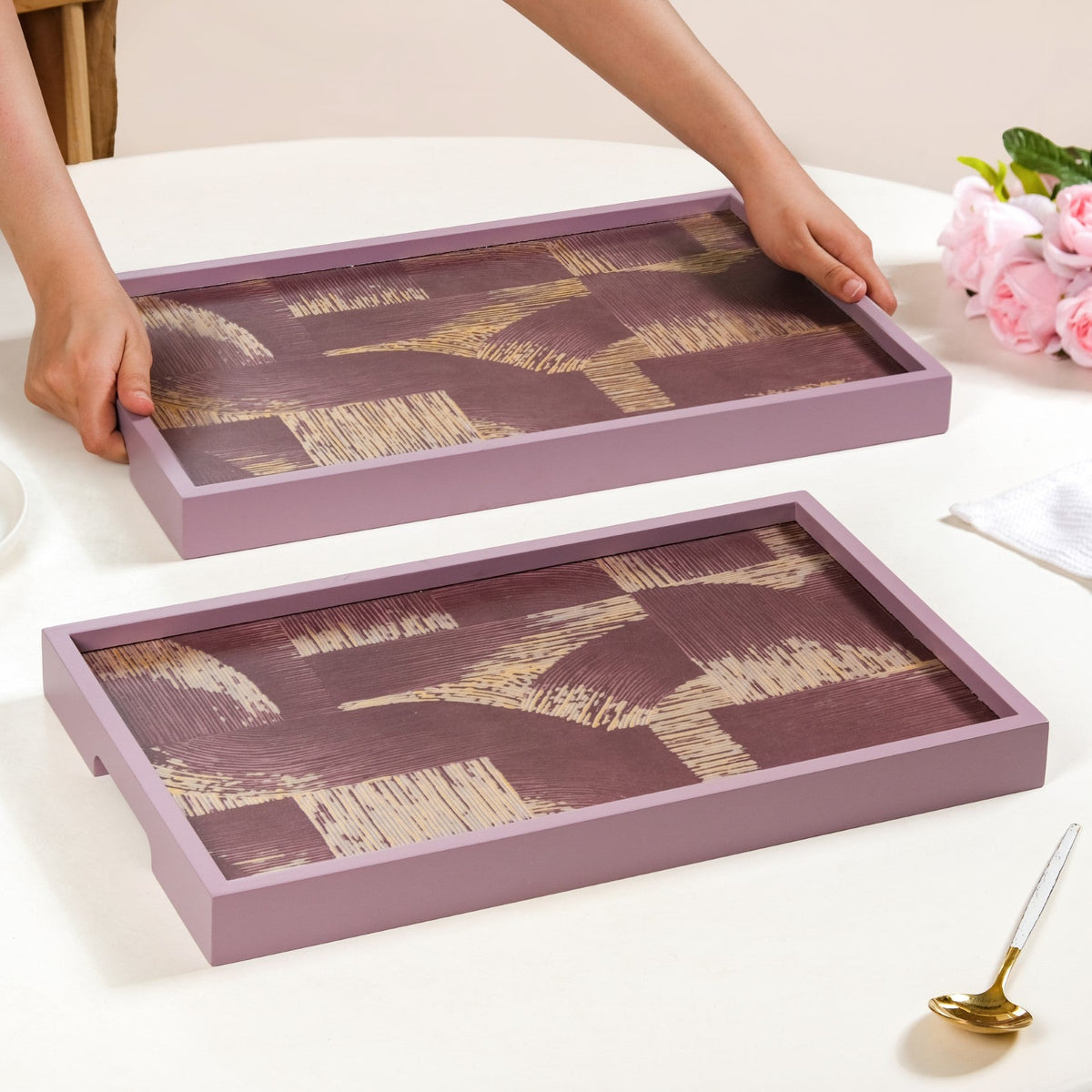 Modern Abstract Art Tray Set Of 2 Purple Matte Gold Nestasia