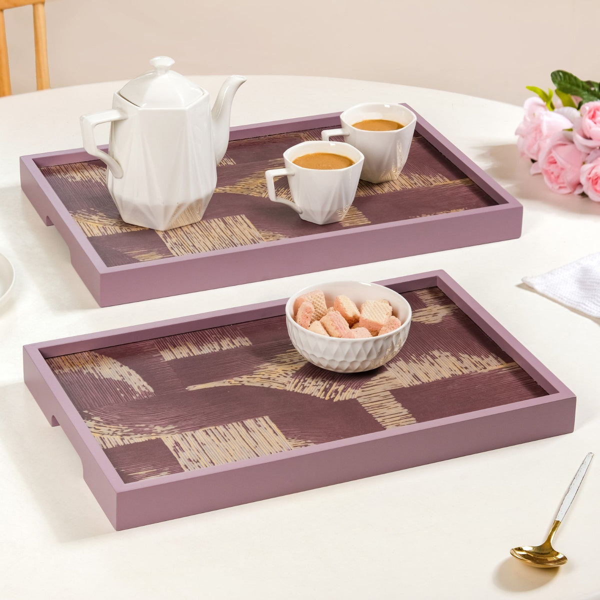 Modern Abstract Art Tray Set Of 2 Purple Matte Gold Nestasia