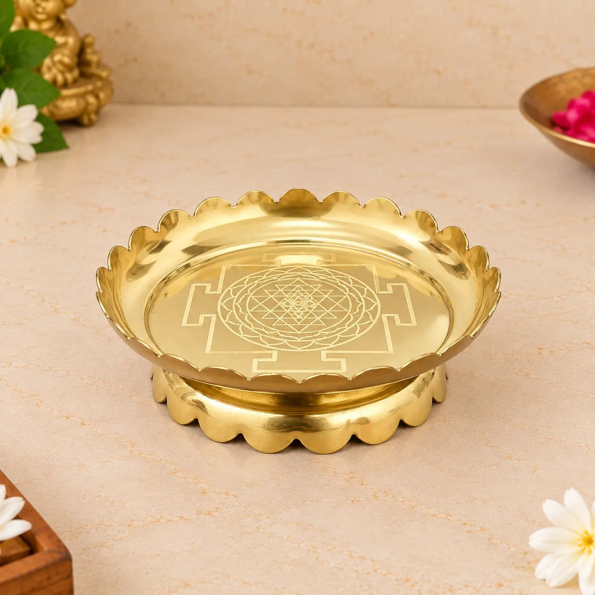 Brass Shree Yantra Engraved Lotus Plate With Stand (5.5 Inch) Vedansh Craft
