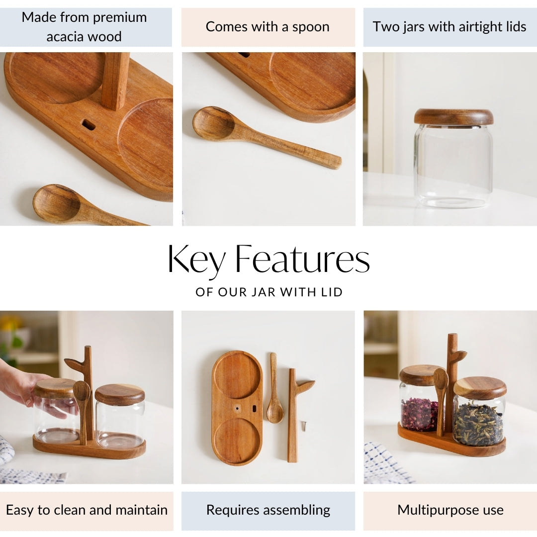 Acacia Wood Glass Jars And Spoon With Leaf Stand Nestasia