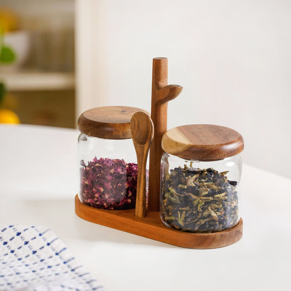 Acacia Wood Glass Jars And Spoon With Leaf Stand Nestasia