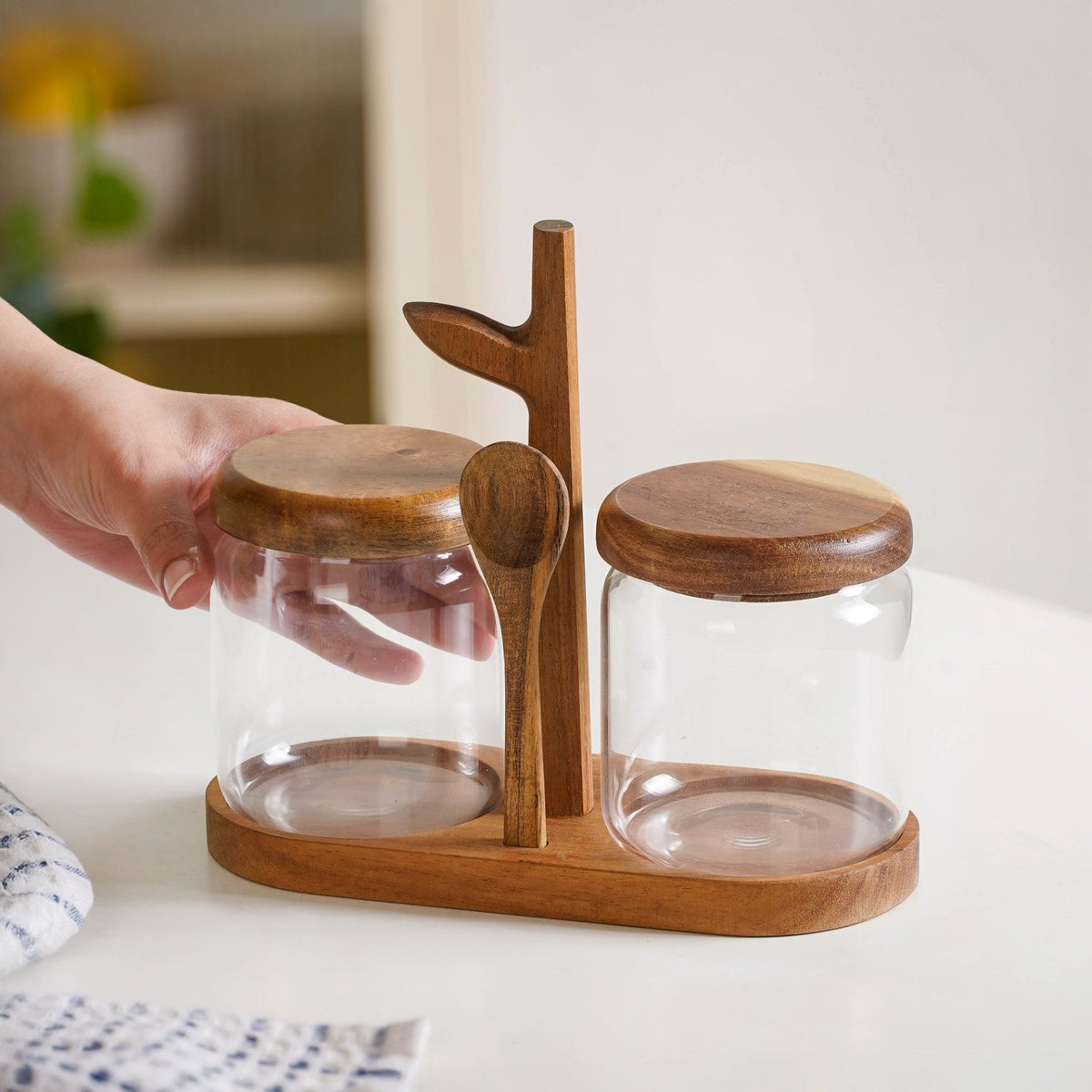 Acacia Wood Glass Jars And Spoon With Leaf Stand Nestasia
