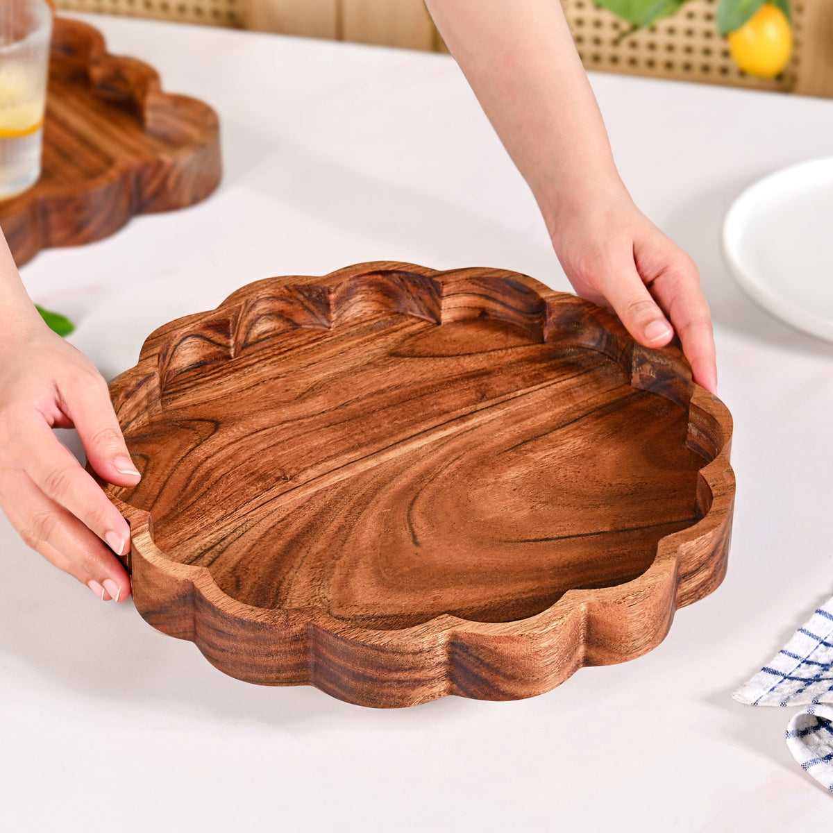 Acacia Scalloped Lazy Susan Serving Platter 30cm Nestasia