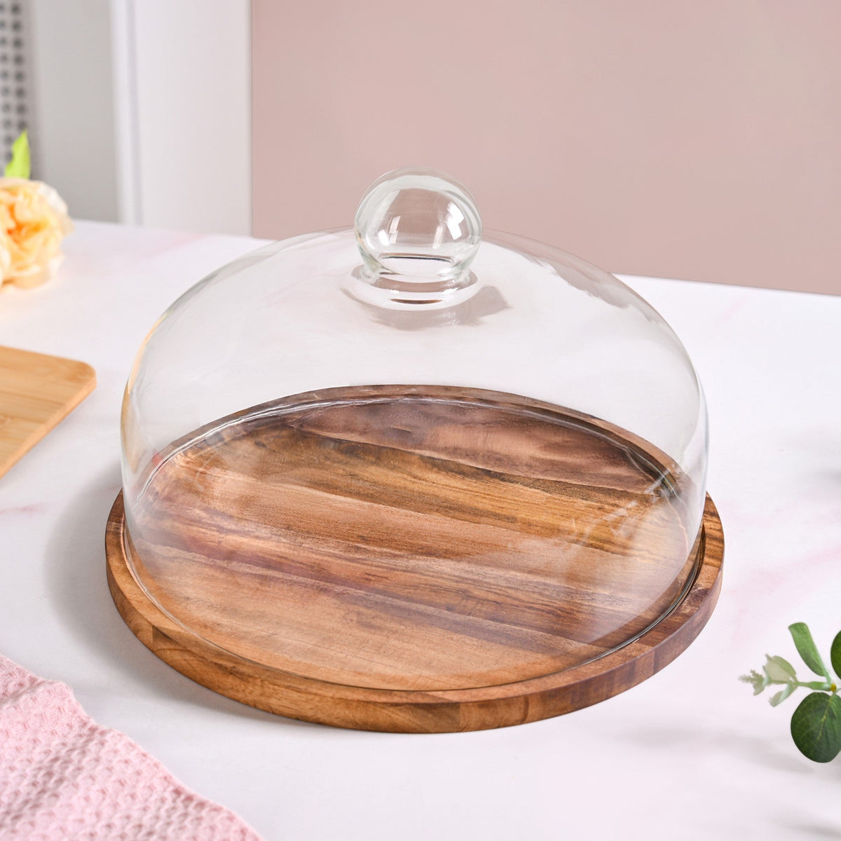Acacia Wood Dessert Stand With Glass Cloche 26cm Nestasia