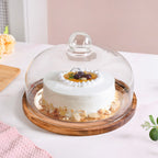 Acacia Wood Dessert Stand With Glass Cloche 26cm Nestasia