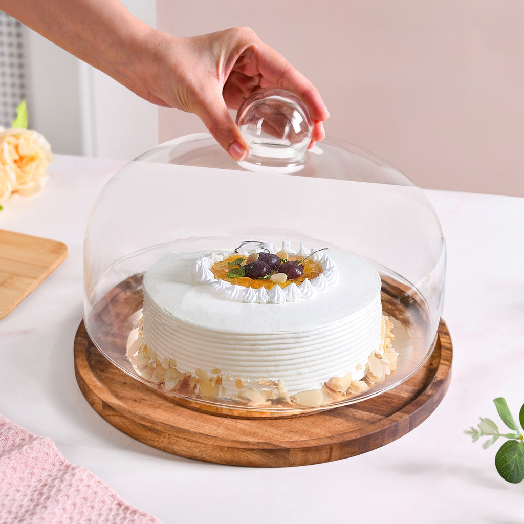 Acacia Wood Dessert Stand With Glass Cloche 26cm Nestasia