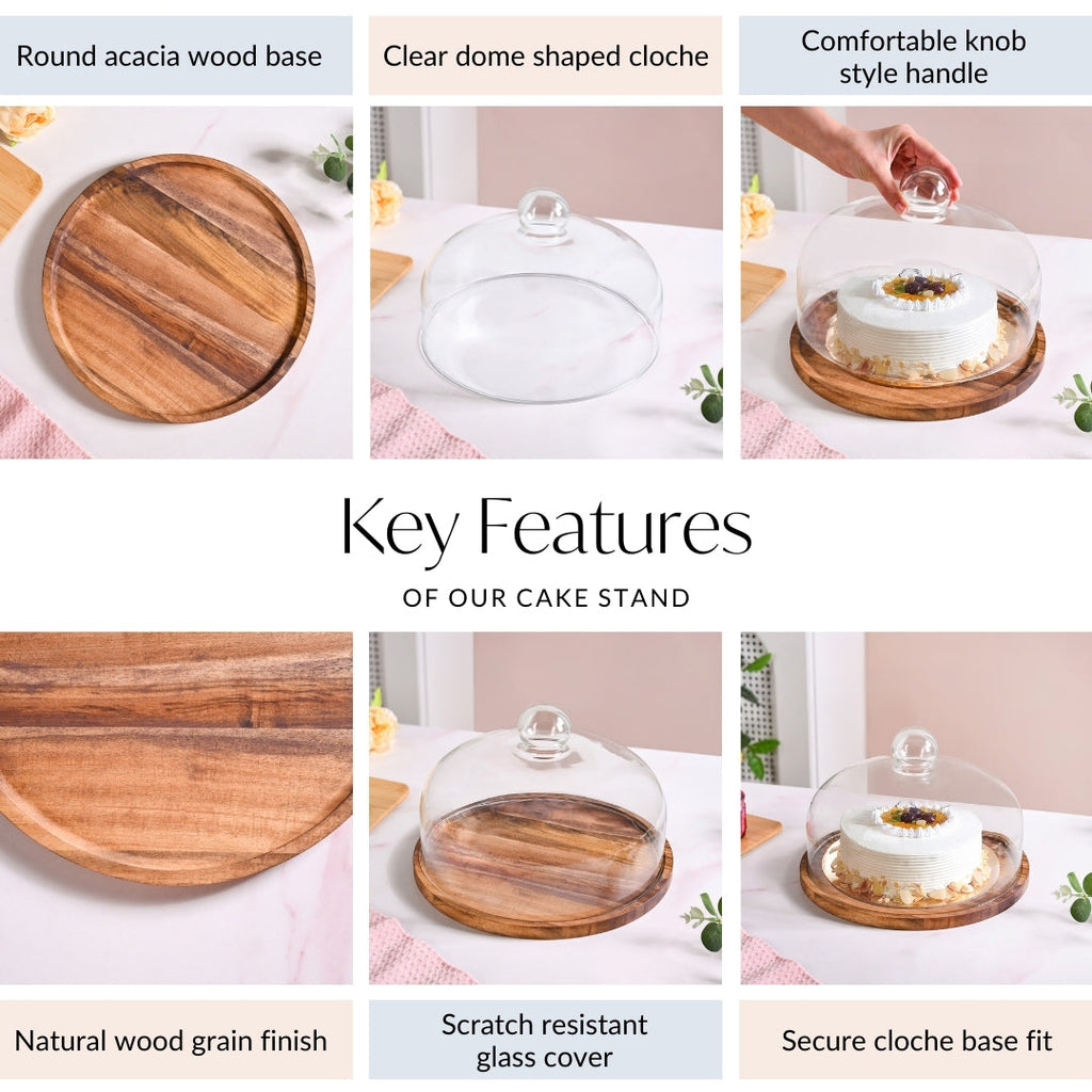 Acacia Wood Dessert Stand With Glass Cloche 26cm Nestasia