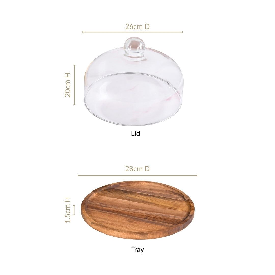 Acacia Wood Dessert Stand With Glass Cloche 26cm Nestasia