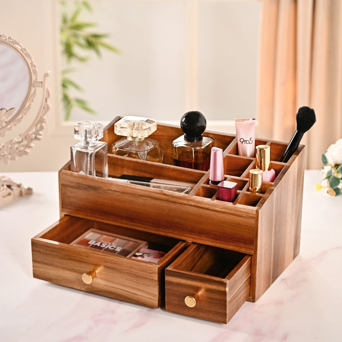 Acacia Wood Makeup Organiser Box For Dressing Table Nestasia
