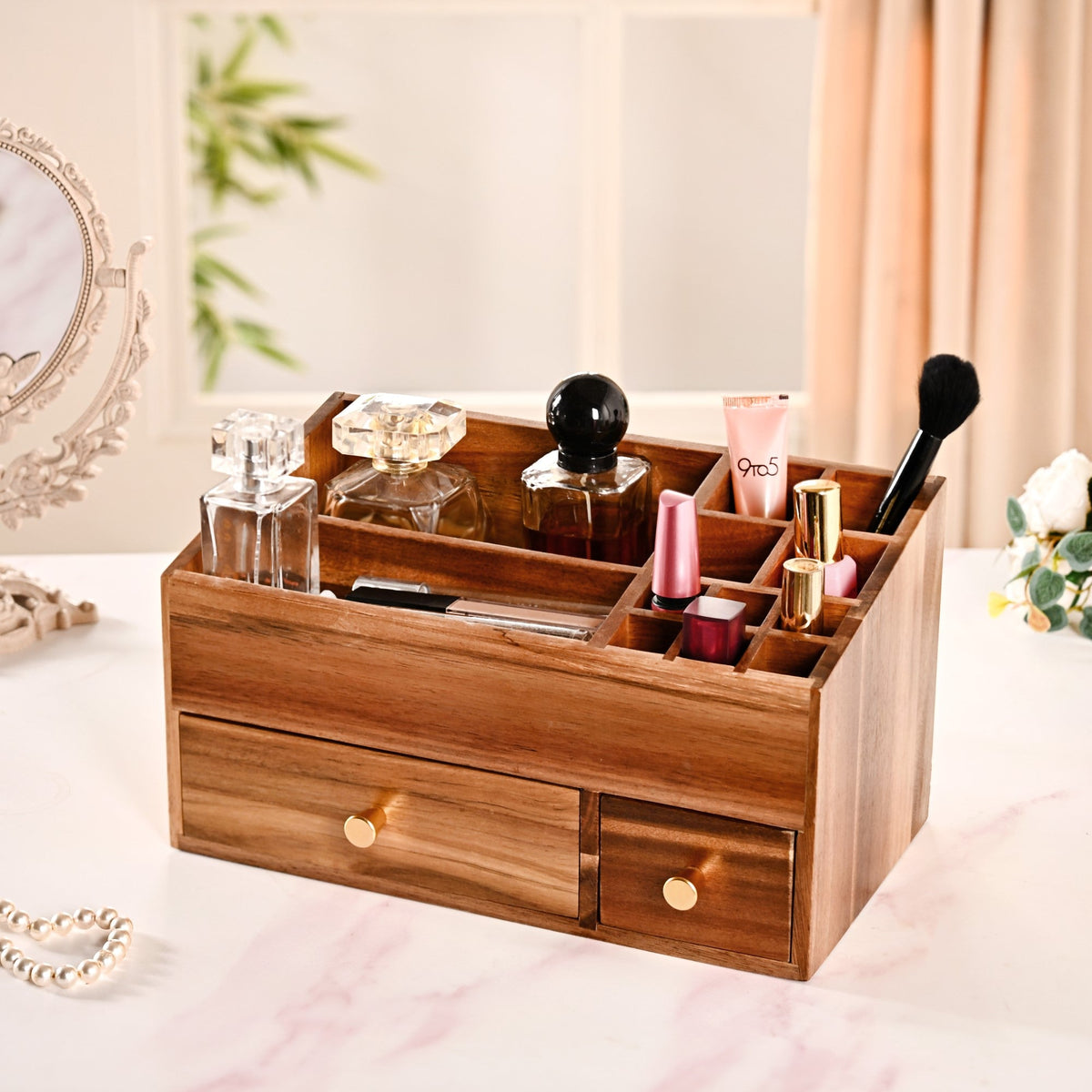 Acacia Wood Makeup Organiser Box For Dressing Table Nestasia