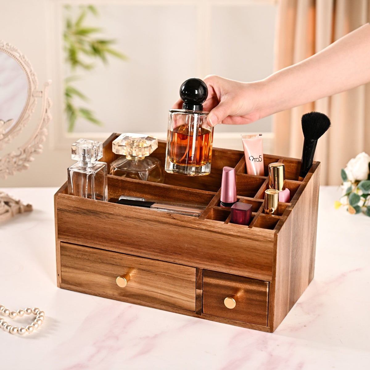 Acacia Wood Makeup Organiser Box For Dressing Table Nestasia