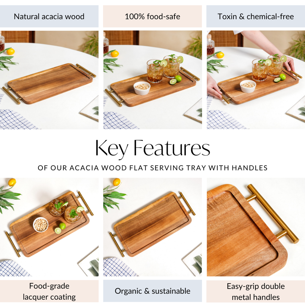 Acacia Wood Flat Serving Tray With Handles Nestasia