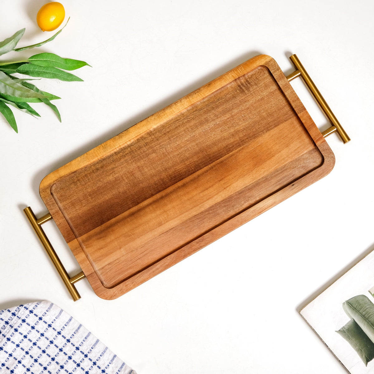 Acacia Wood Flat Serving Tray With Handles Nestasia