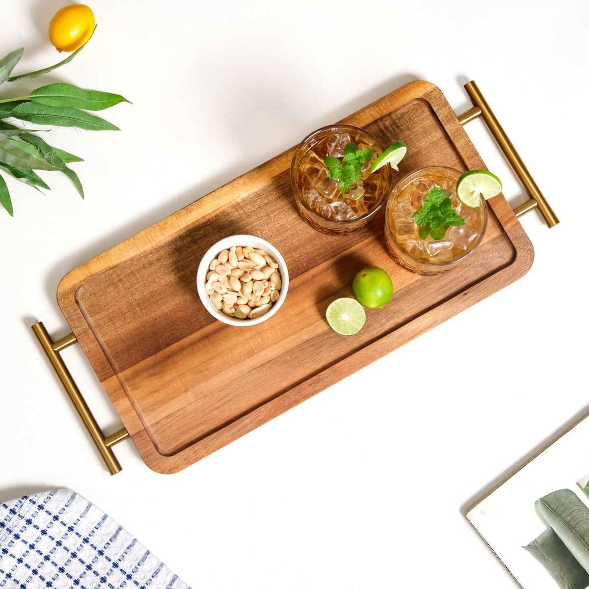 Acacia Wood Flat Serving Tray With Handles Nestasia
