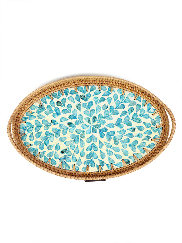 Natural Cane Oval Tray with Blue Tropical Design for Tabletop, Kitchen, and Home Decor