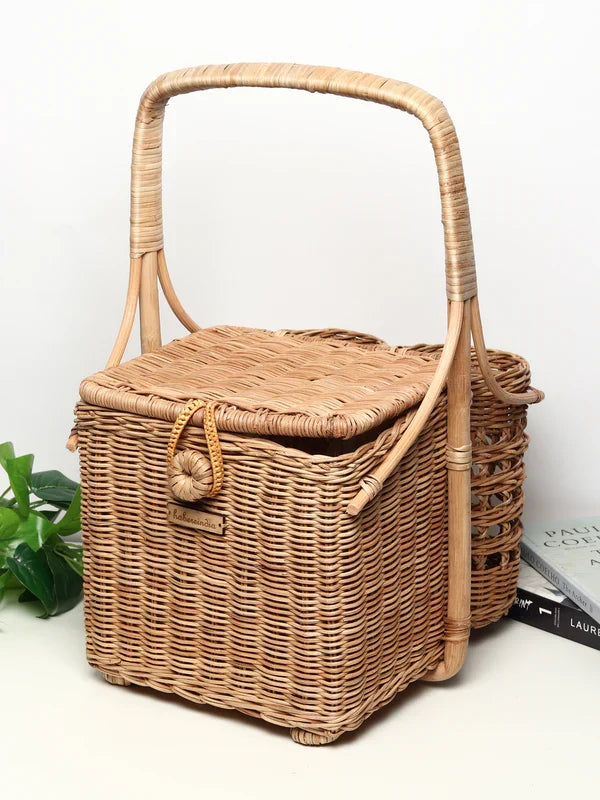 Portable Wicker Picnic Basket Handmade for Lunch, Snacks & Food Carry