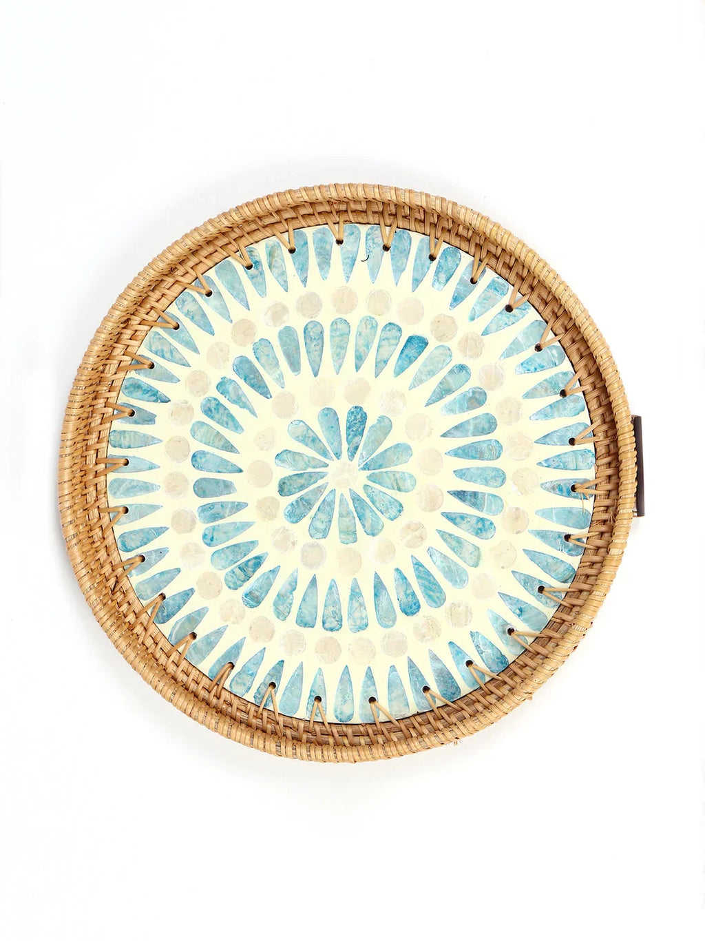 Rustic Handmade Round Cane Tray with Blue Circle Mosaic for Stylish Serving and Display