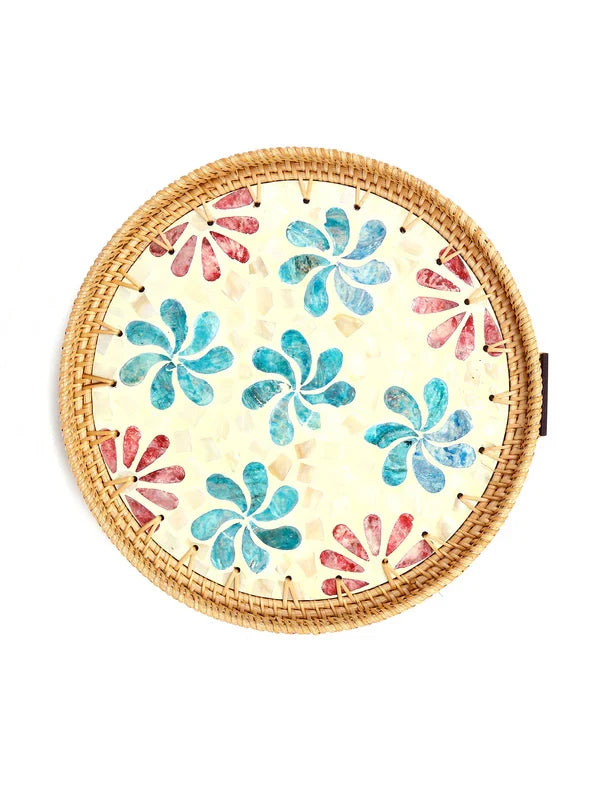 Handwoven Round Cane Tray with Colorful Flower Mosaic for Serving and Decorative Use
