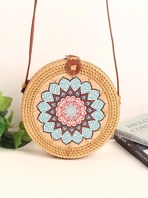 Handwoven Round Rattan Sling Bag for Beach, Travel, and Casual Outfits