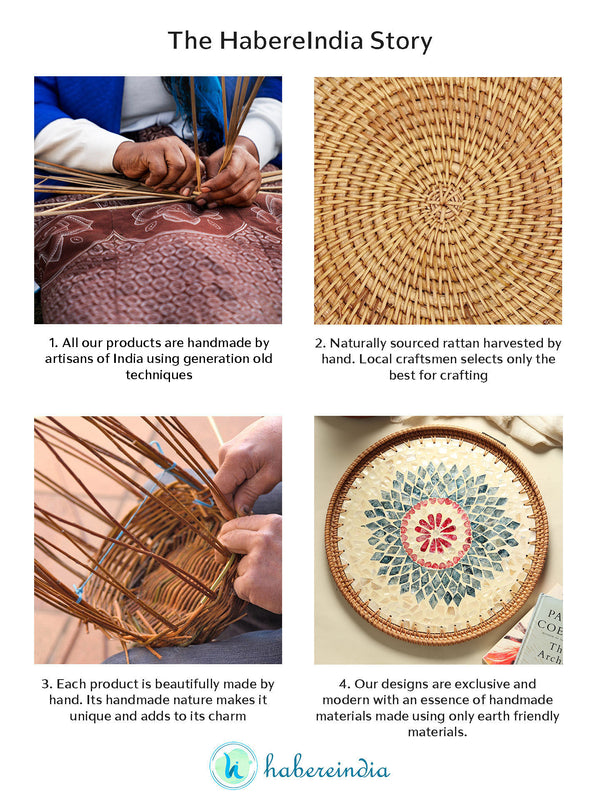 Rustic Handmade Round Cane Tray with Rangoli Mosaic for Stylish Serving and Display