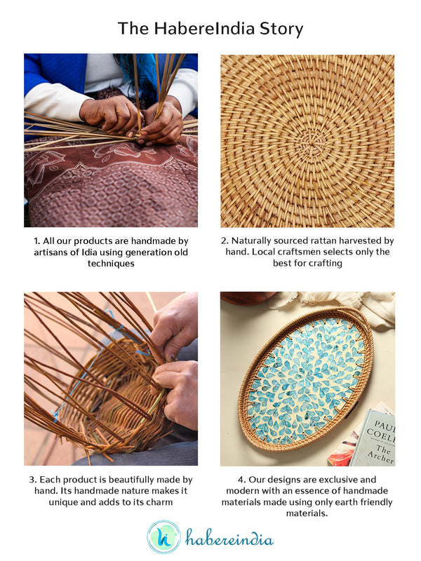 Natural Cane Oval Tray with Blue Tropical Design for Tabletop, Kitchen, and Home Decor