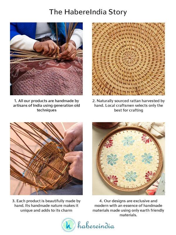 Handwoven Round Cane Tray with Colorful Flower Mosaic for Serving and Decorative Use