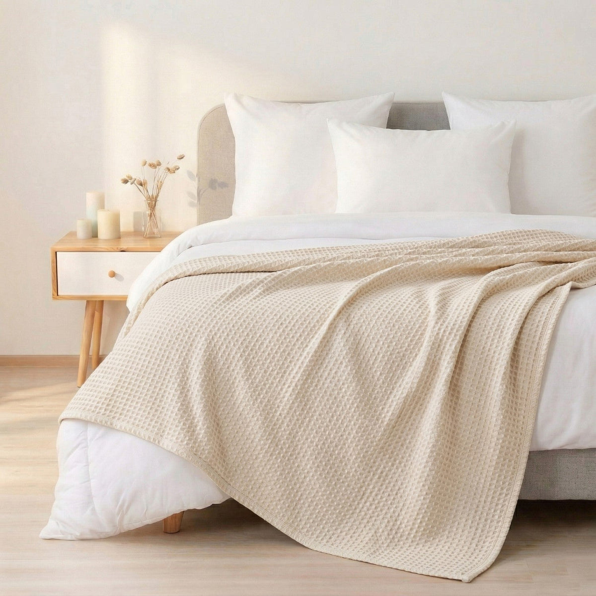 All Season Waffle Sofa Throw Blanket Beige White 220x200cm Nestasia
