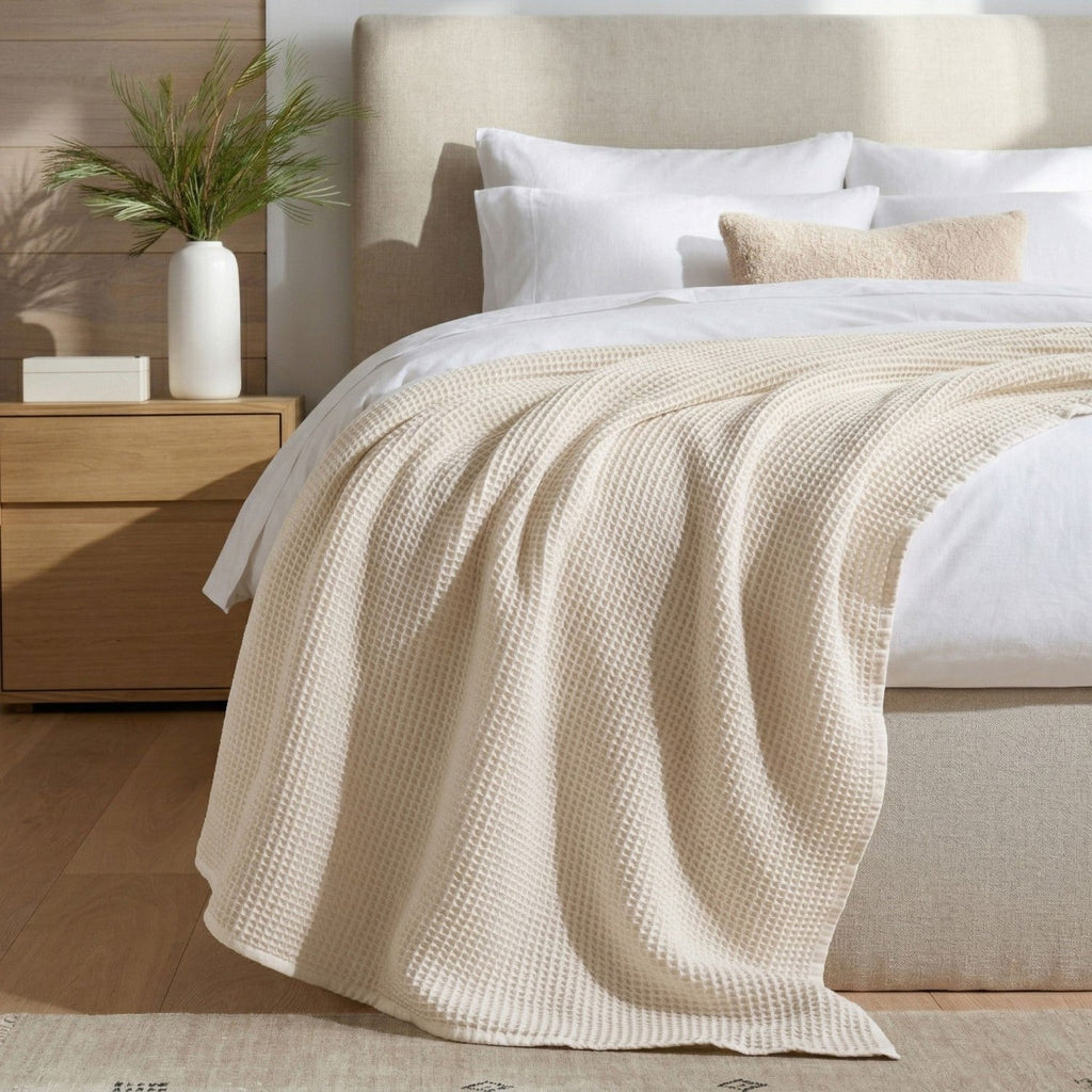 All Season Waffle Sofa Throw Blanket Beige White 220x200cm Nestasia