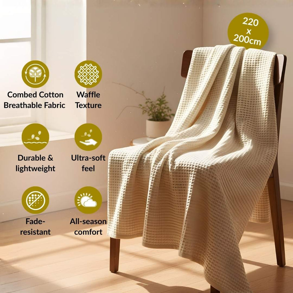All Season Waffle Sofa Throw Blanket Beige White 220x200cm Nestasia