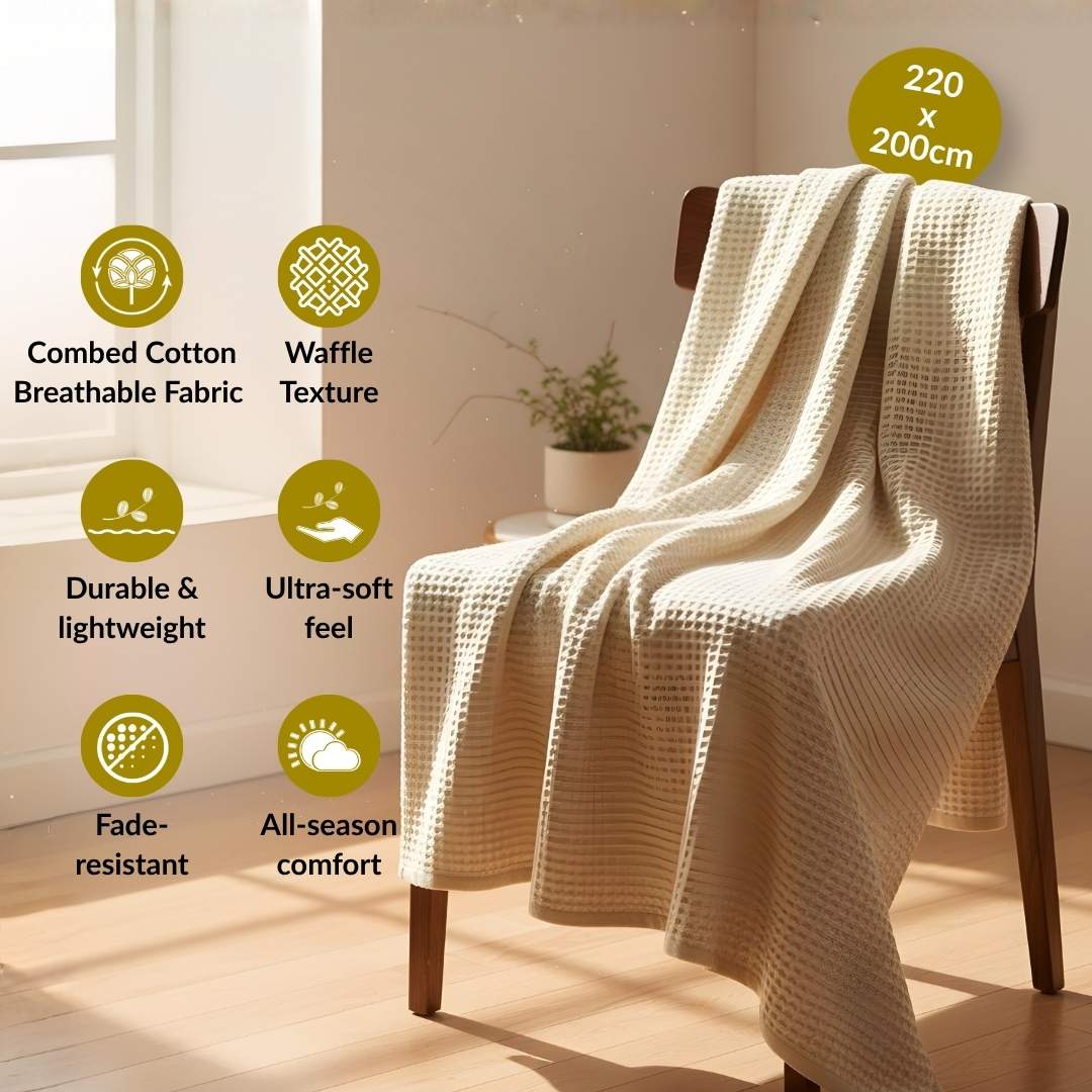 All Season Waffle Sofa Throw Blanket Beige White 220x200cm Nestasia
