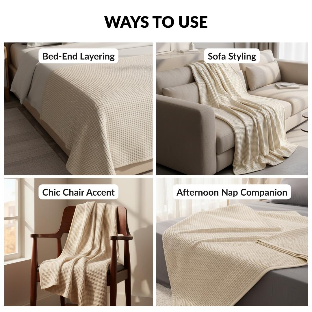 All Season Waffle Sofa Throw Blanket Beige White 220x200cm Nestasia