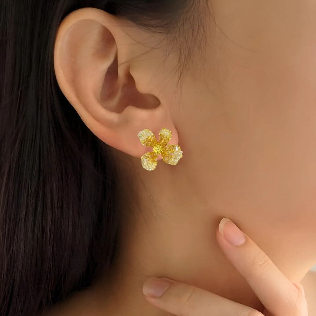 Crystal Textured Amber Floral Stud Earrings Nestasia