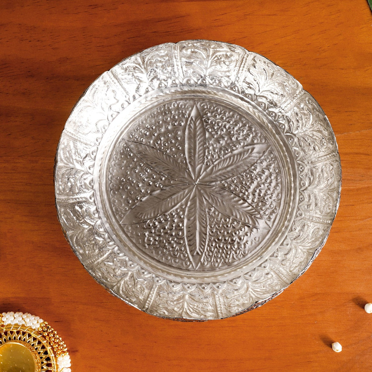 Antique Engraved Pure Brass Urli With Silver Polish 22cm Nestasia