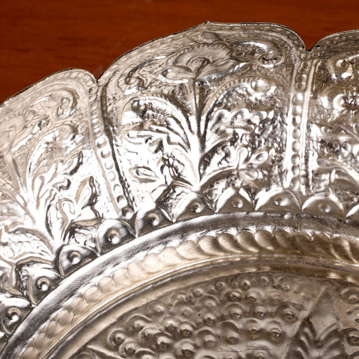 Antique Engraved Pure Brass Urli With Silver Polish 22cm Nestasia