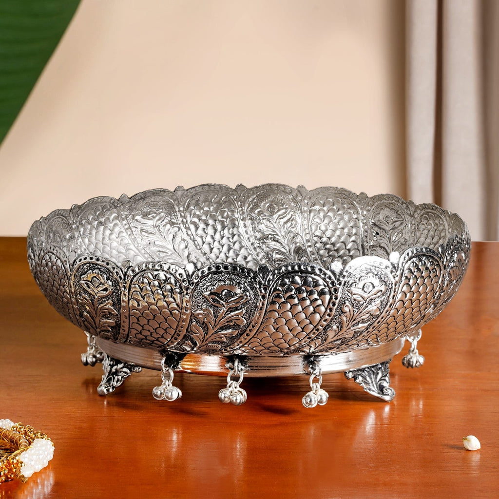 Antique Pure Brass Urli With Silver Polish For Temple 23cm Nestasia