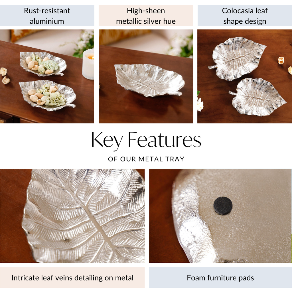 Silver Colocasia Leaf Metal Tray Set Of 2 Nestasia