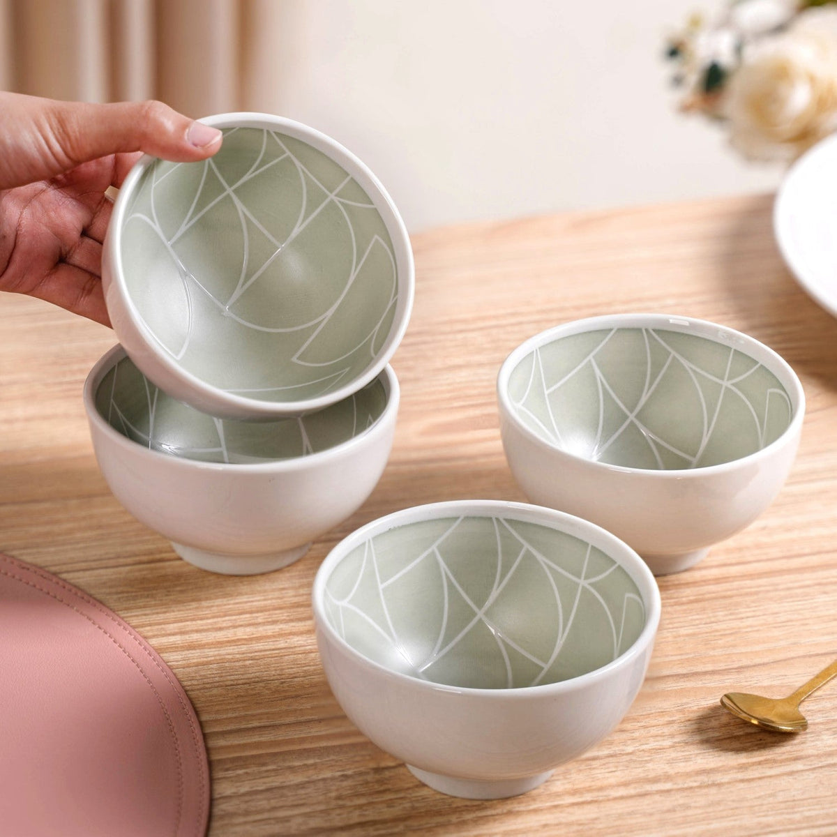 Monvia Geometric Pattern Ceramic Bowl Set Of 4 Mint 325ml Nestasia