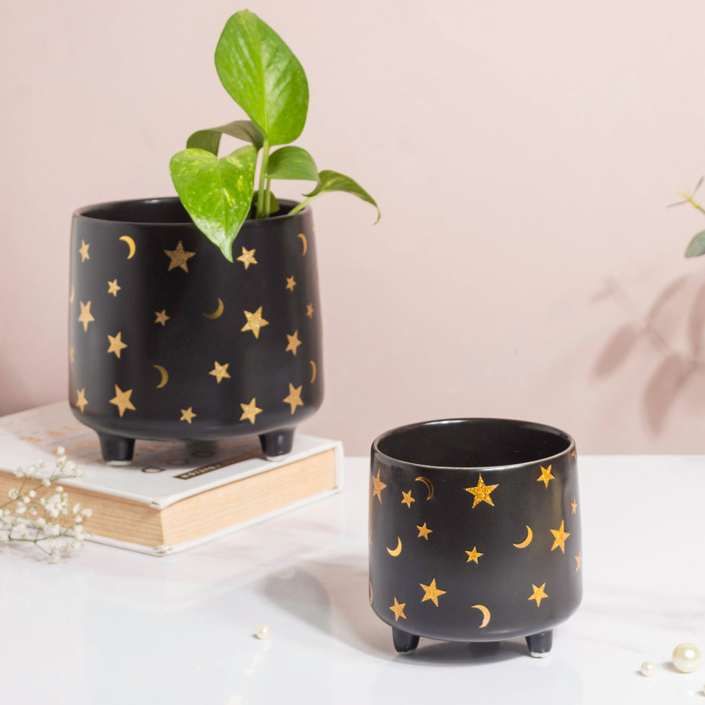 Stars and Moons Black Ceramic Planter Small Nestasia