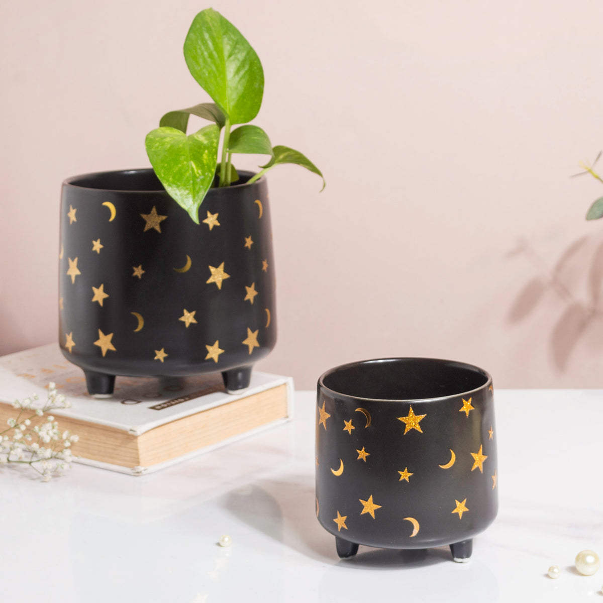 Stars and Moons Black Ceramic Planter Small Nestasia