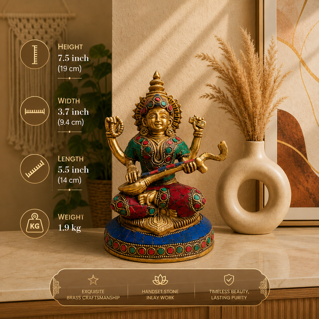Brass Stone Work Goddess Sitting Saraswati Idol (7.5 Inch) Vedansh Craft